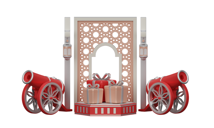 Ramadan With Traditional Cannon And Mosque Ornament  3D Illustration