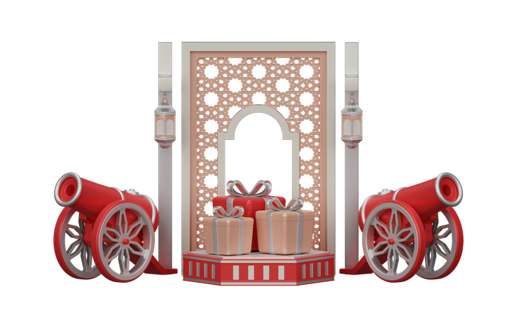 Ramadan With Traditional Cannon And Mosque Ornament 3D Illustration