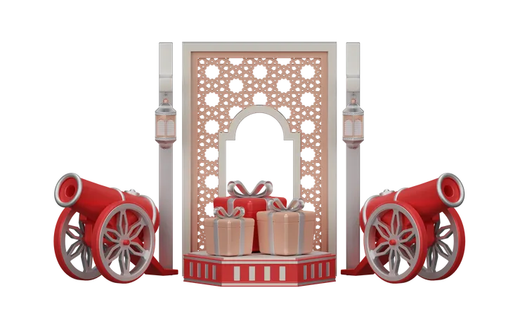 Ramadan With Traditional Cannon And Mosque Ornament 3D Illustration