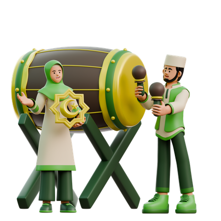 Ramadhan couple beating drum  3D Illustration