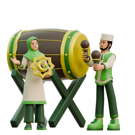 Ramadhan couple beating drum  3D Illustration