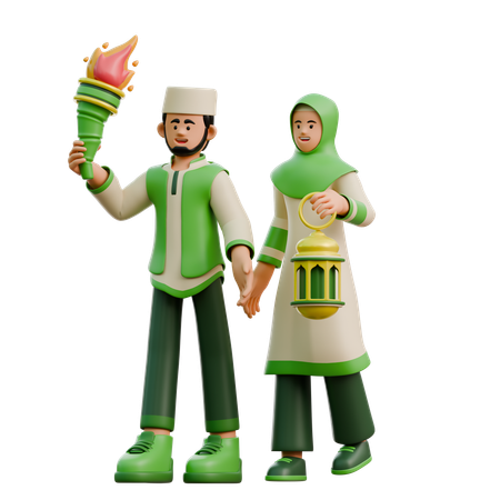 Ramadhan couple carrying torch  3D Illustration