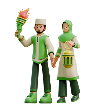 Ramadhan couple carrying torch  3D Illustration