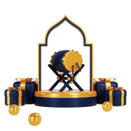 Pódio do ramadhan com bedug e presente  3D Illustration