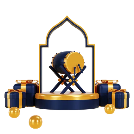 Pódio do ramadhan com bedug e presente  3D Illustration