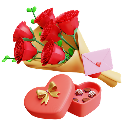 Ramo de flores de San Valentín con chocolate.  3D Illustration