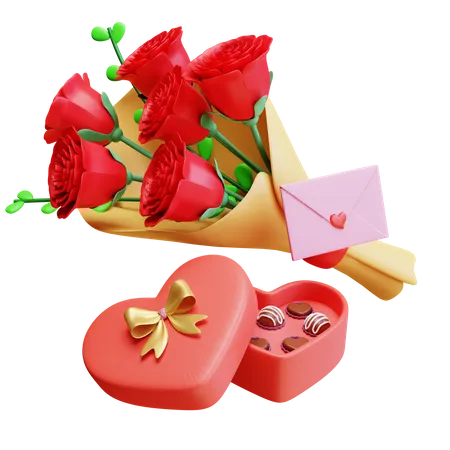 Ramo de flores de San Valentín con chocolate.  3D Illustration