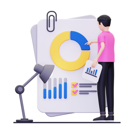 Homme faisant un rapport d'analyse d'entreprise  3D Illustration