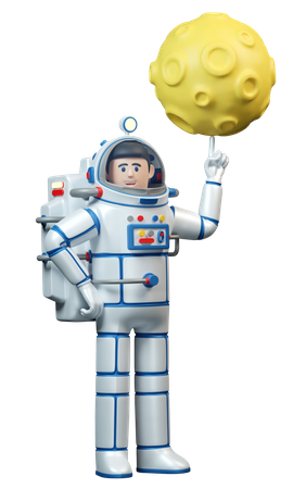 Astronaut im Raumanzug dreht den Mond auf seinem Finger  3D Illustration