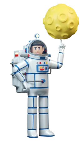 Astronaut im Raumanzug dreht den Mond auf seinem Finger  3D Illustration