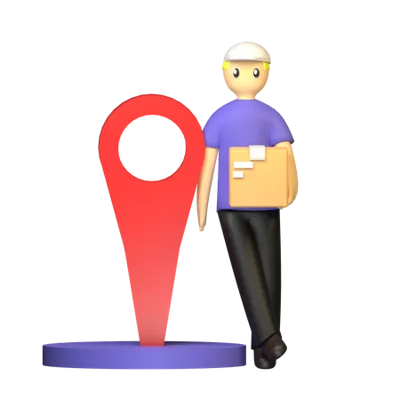 3 D Rendering Delivery Man With Location Icon Shipping Box From Online Shopping Concept 3D Illustration