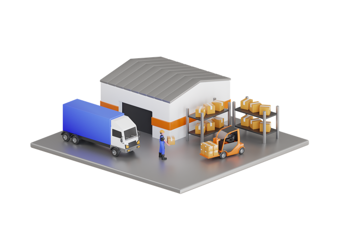 Caminhão contêiner de reboque estacionado carregando caixas de pacotes no armazém  3D Illustration