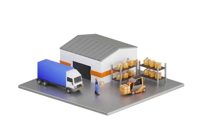 Caminhão contêiner de reboque estacionado carregando caixas de pacotes no armazém  3D Illustration