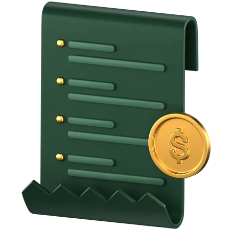 3 D Icon Of A Green Receipt Paper With A Gold Coin On The Side 3D Icon
