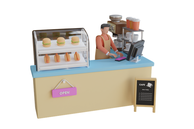 Recepción de comida rápida y cafetería.  3D Illustration