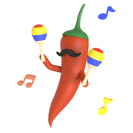 Red chili pepper playing maracas  3D Illustration