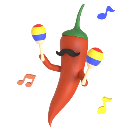 Red chili pepper playing maracas  3D Illustration