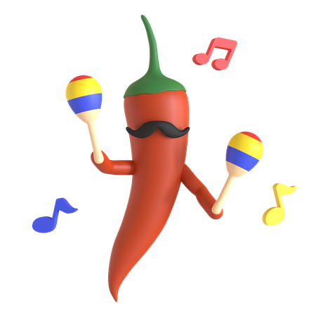 Red chili pepper playing maracas  3D Illustration