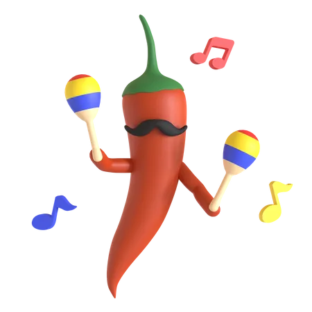 Red chili pepper playing maracas  3D Illustration
