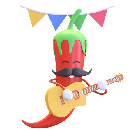 Red chili playing guitar  3D Illustration