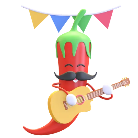 Red chili playing guitar  3D Illustration