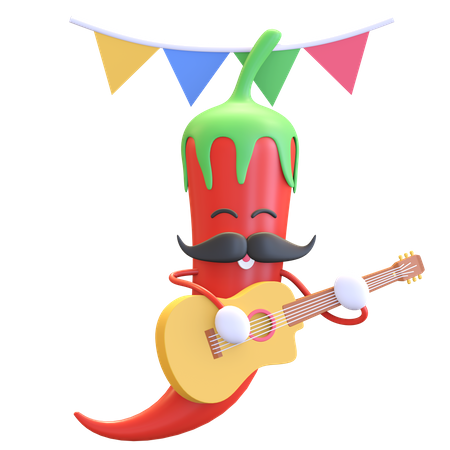 Red chili playing guitar  3D Illustration