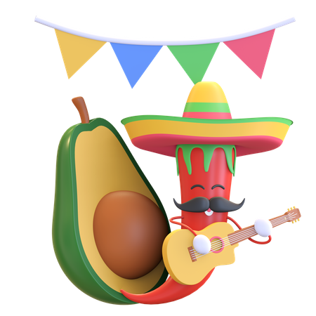 Red chili playing guitar with Avocado  3D Illustration