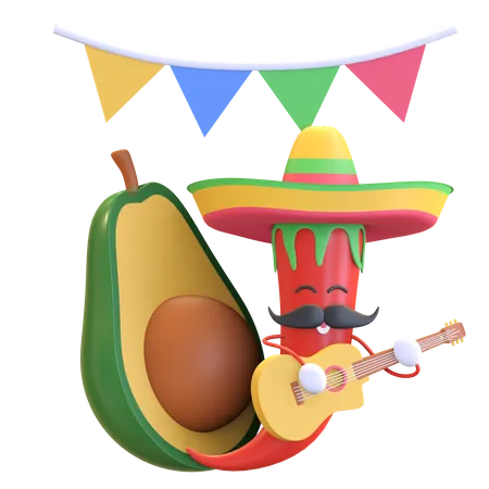 Red chili playing guitar with Avocado  3D Illustration