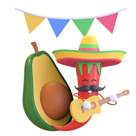 Red chili playing guitar with Avocado 3D Illustration