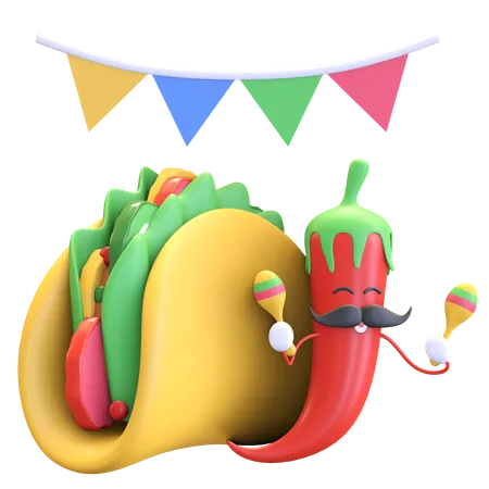 Red chili playing maracas with tacos  3D Illustration