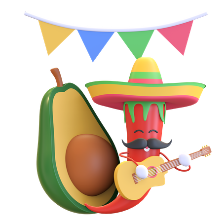 Pimentão vermelho tocando guitarra com abacate  3D Illustration