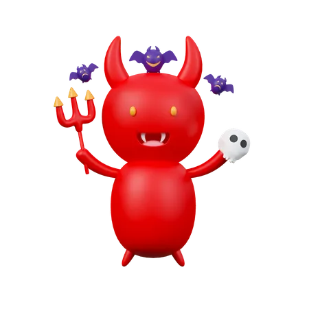 Red Devil Holding Skull And Trident 3 D Icon 3D Icon
