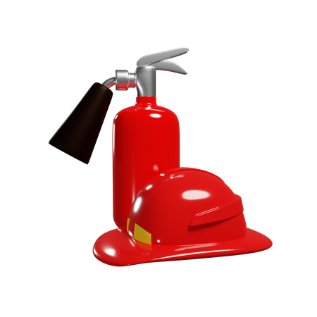 Red Fire Extinguisher And Firemans Helmet  3D Illustration