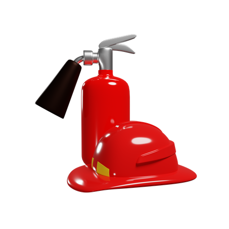 Red Fire Extinguisher And Firemans Helmet 3D Illustration