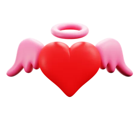 Love Hearth Wings With Angel Holy Halo Head Ring 3 D Icon Valentine Day Illustration Render Design 3D Icon