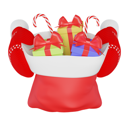 Red knitted mittens holding a santa claus bag with gifts and sweets  3D Illustration
