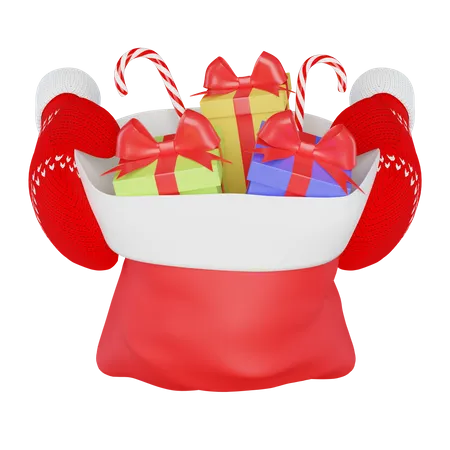 Red knitted mittens holding a santa claus bag with gifts and sweets 3D Illustration