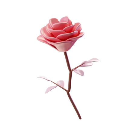 Half Open Red Rose With Leaves And Stem 3D Illustration