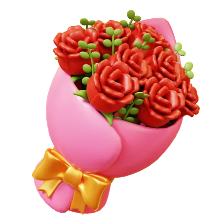 Cute Cartoon 3 D Red Rose Bouquet Plant With Gold Bow Happy Valentines Day Anniversary Wedding Love Concept 3D Icon