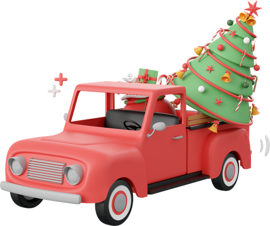 Red Truck With Christmas Tree  3D Icon
