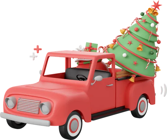 Red Truck With Christmas Tree Christmas Theme Elements 3 D Illustration 3D Icon