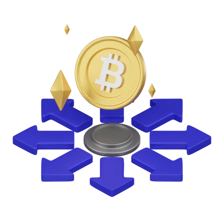 Uma Imagem Conceitual Mostrando Um Bitcoin No Topo De Uma Plataforma Com Setas Direcionais Simbolizando O Efeito Descentralizador Da Criptomoeda Nos Sistemas Financeiros 3D Icon