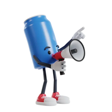 O personagem do refrigerante pode falar usando um megafone e apontá-lo para o canto superior esquerdo  3D Illustration