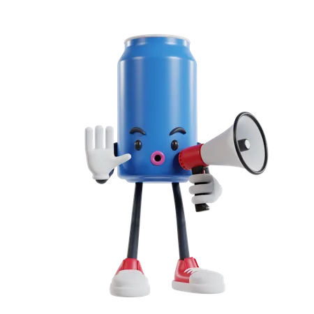 Personagem de lata de refrigerante fazendo pose dizendo para parar de usar um megafone  3D Illustration