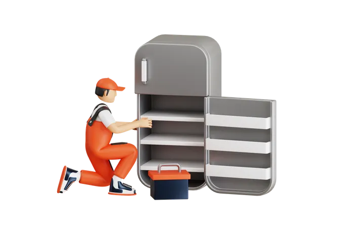 3 D Illustration Of Technician Repairing Refrigerator Refrigerator Repair Service 3 D Illustration 3D Illustration