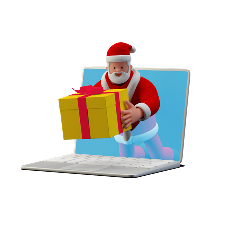 Santa dando regalos en línea desde una computadora portátil  3D Illustration