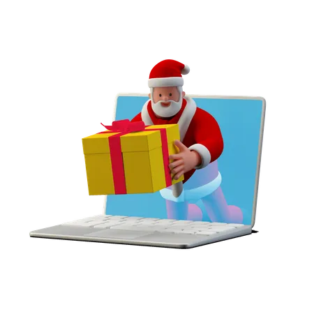 Santa dando regalos en línea desde una computadora portátil  3D Illustration