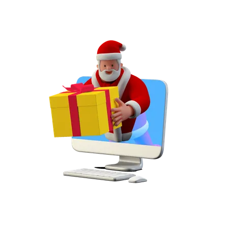 Santa dando regalos en línea desde la computadora  3D Illustration