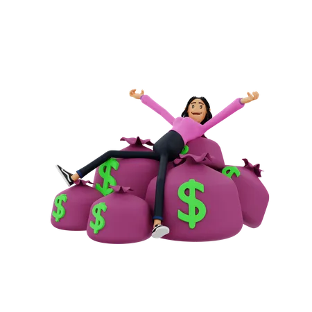 Reiche Geschäftsfrau entspannt auf Geldsäcken  3D Illustration