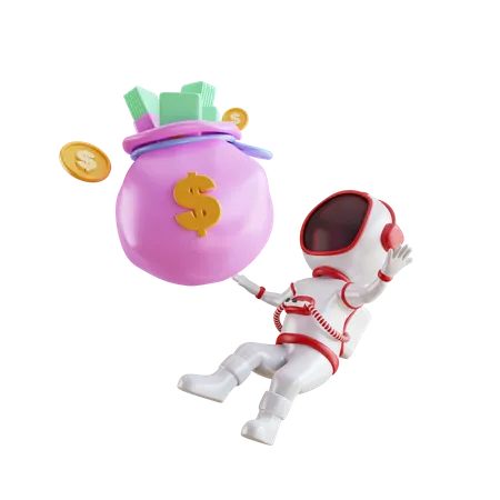 Reicher Astronaut mit Geldsack  3D Illustration